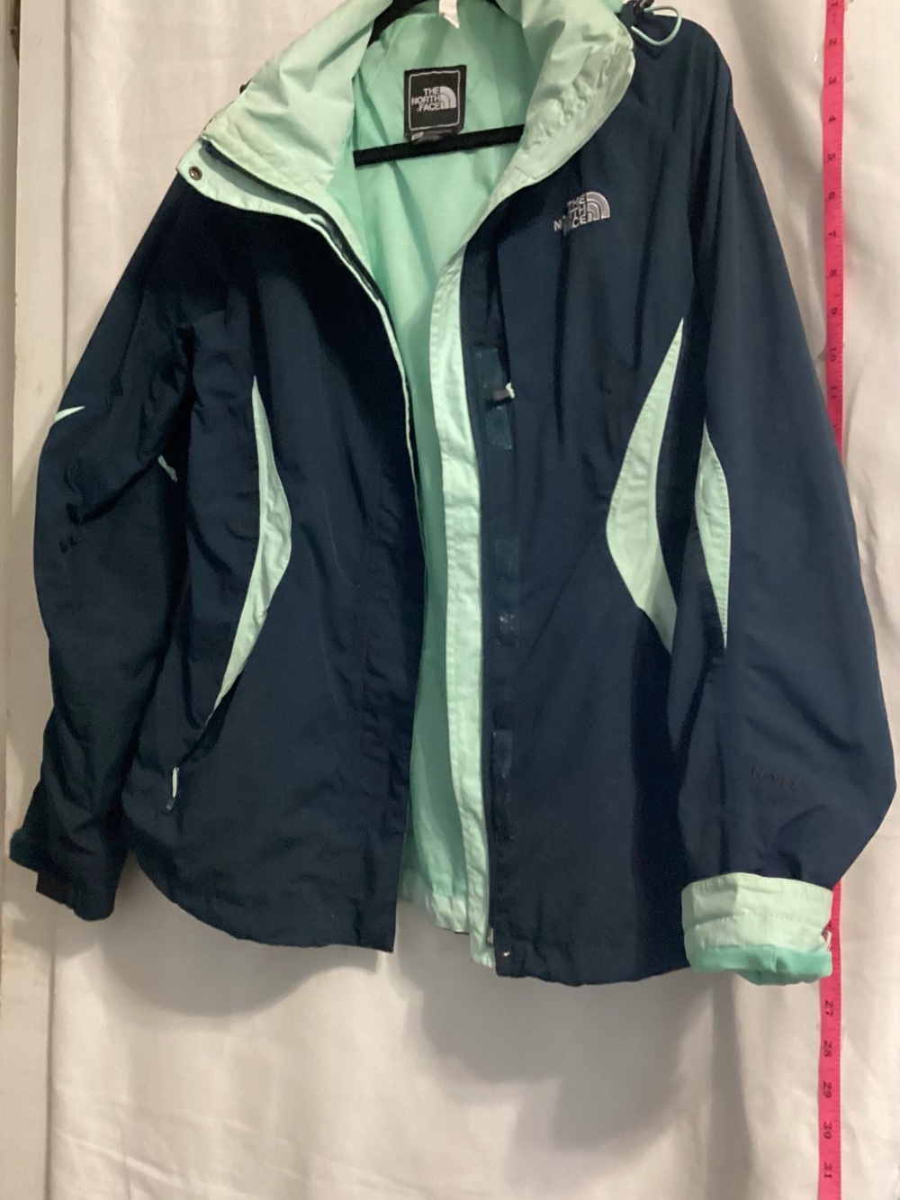 The North Face Teal and Mint Hooded Jacket removable snap insert